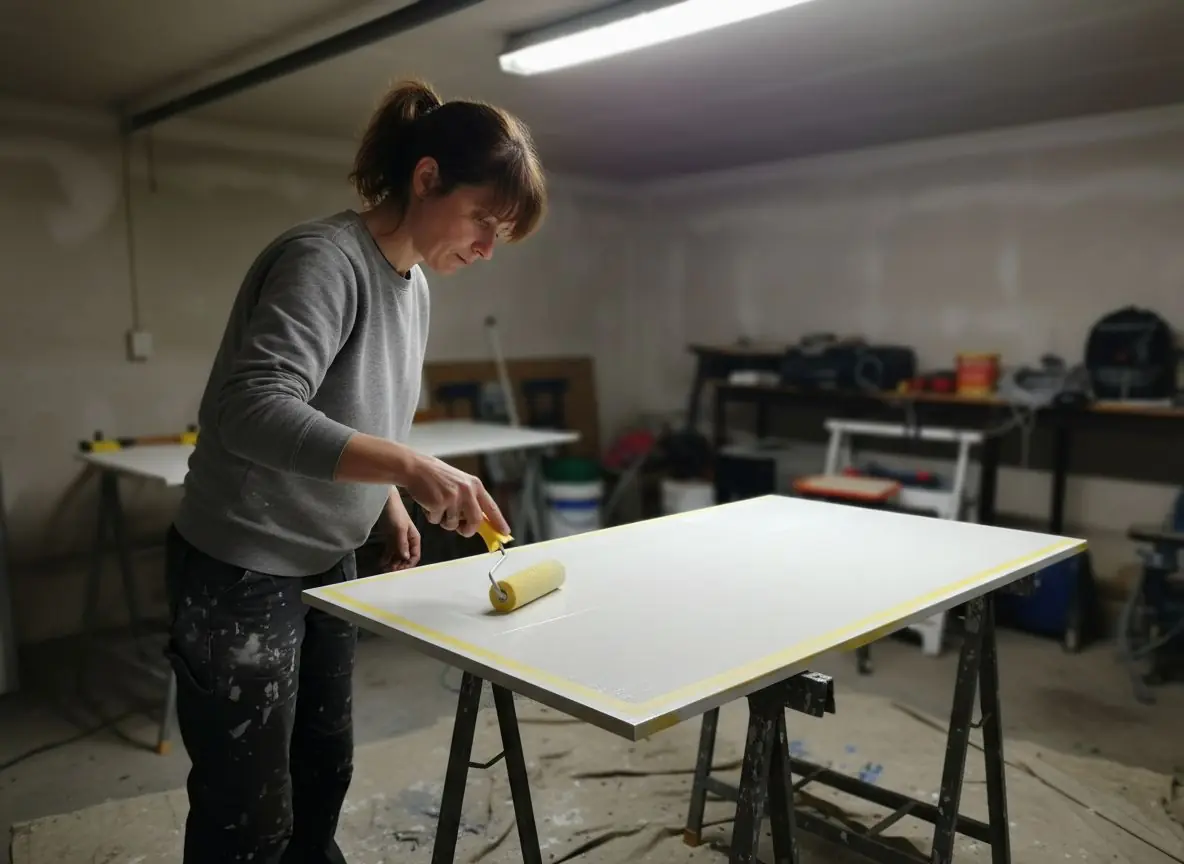 Manon peint une façade de cuisine à l’atelier