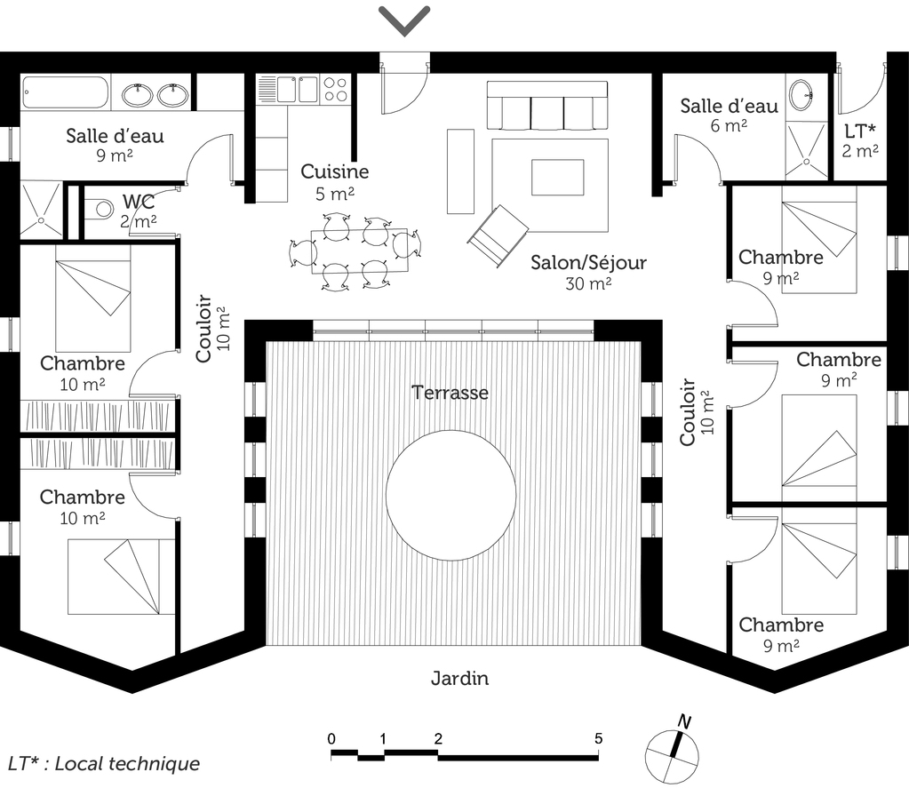 Plan de maison plain pied 5 chambres avec garage