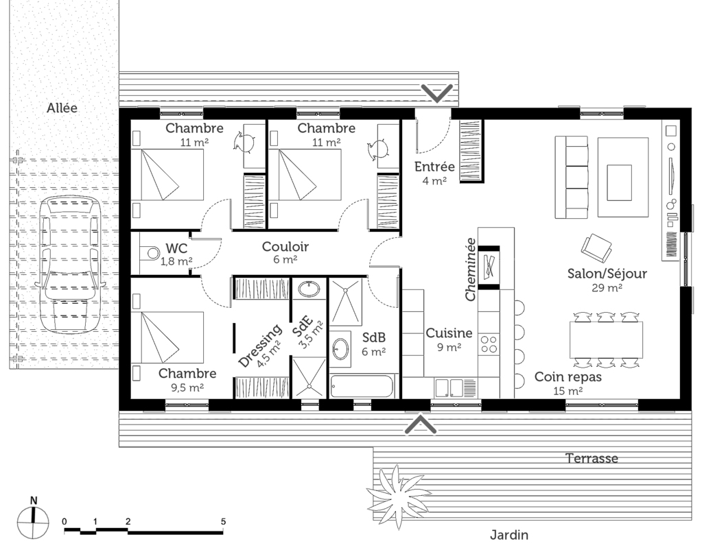 Plan maison plain pied 3 chambres rectangulaire