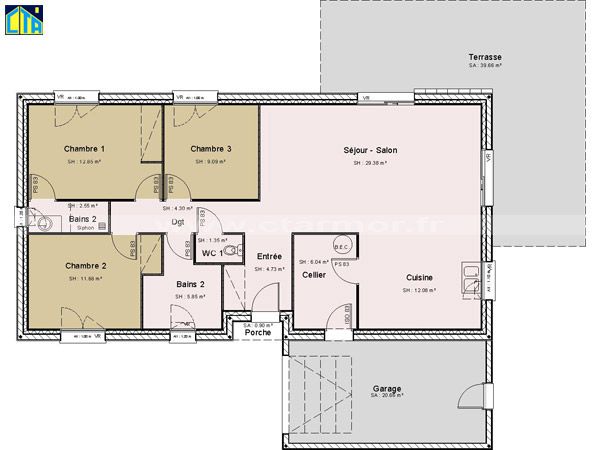 Plan de maison de plain pied avec 3 chambres
