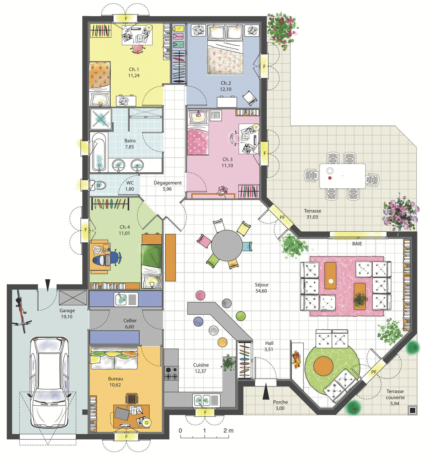 Plan maison 4 chambres bureau plain pied