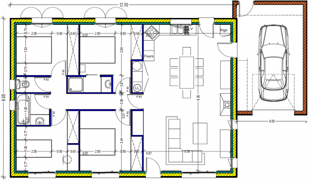 Plan maison plain pied 4 chambres rectangulaire