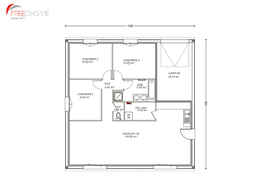 Plan maison carrée 3 chambres