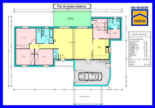 Plan de maison en l 4 chambres