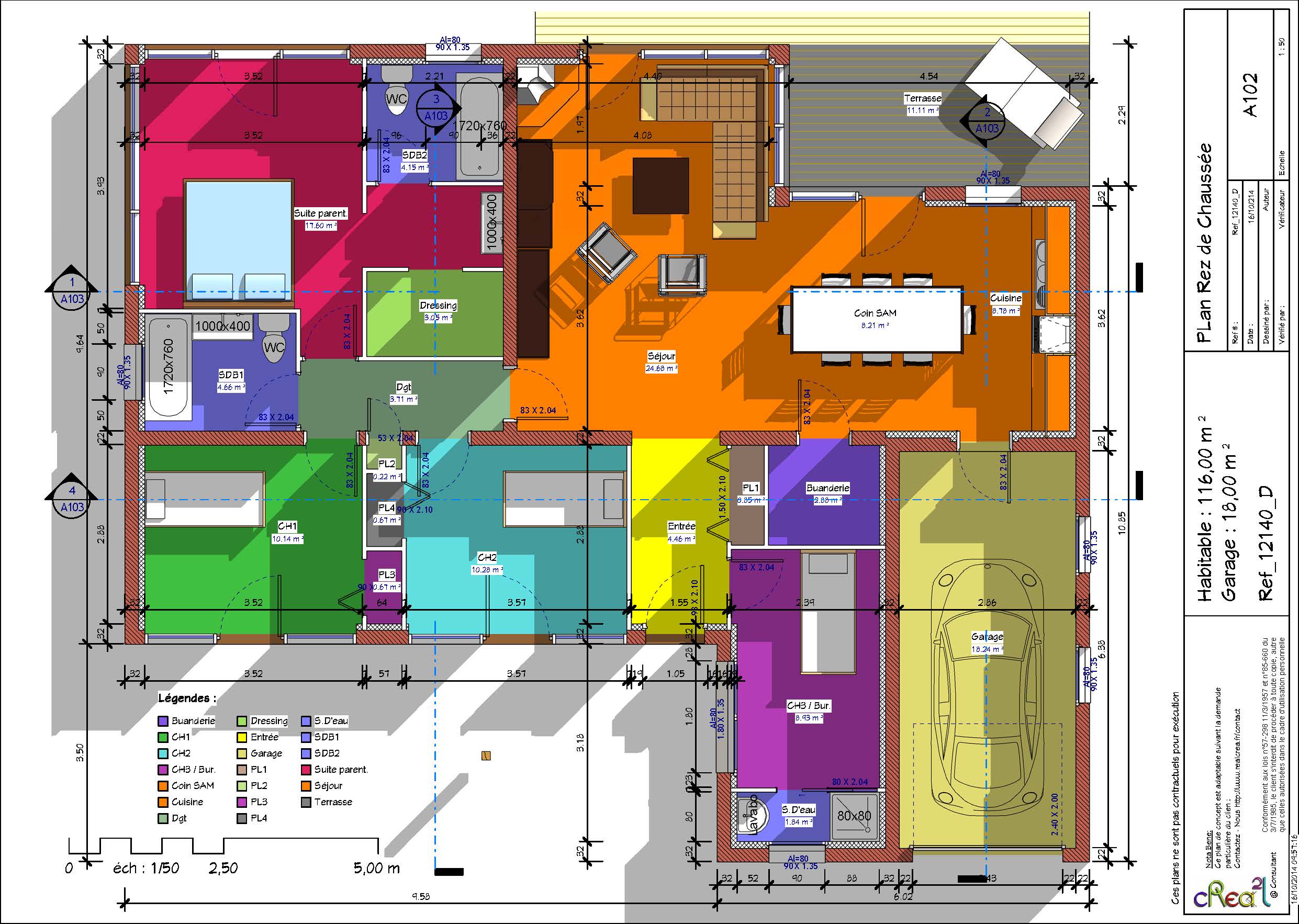 Plan de maison plain pied 3 chambres avec garage 3d