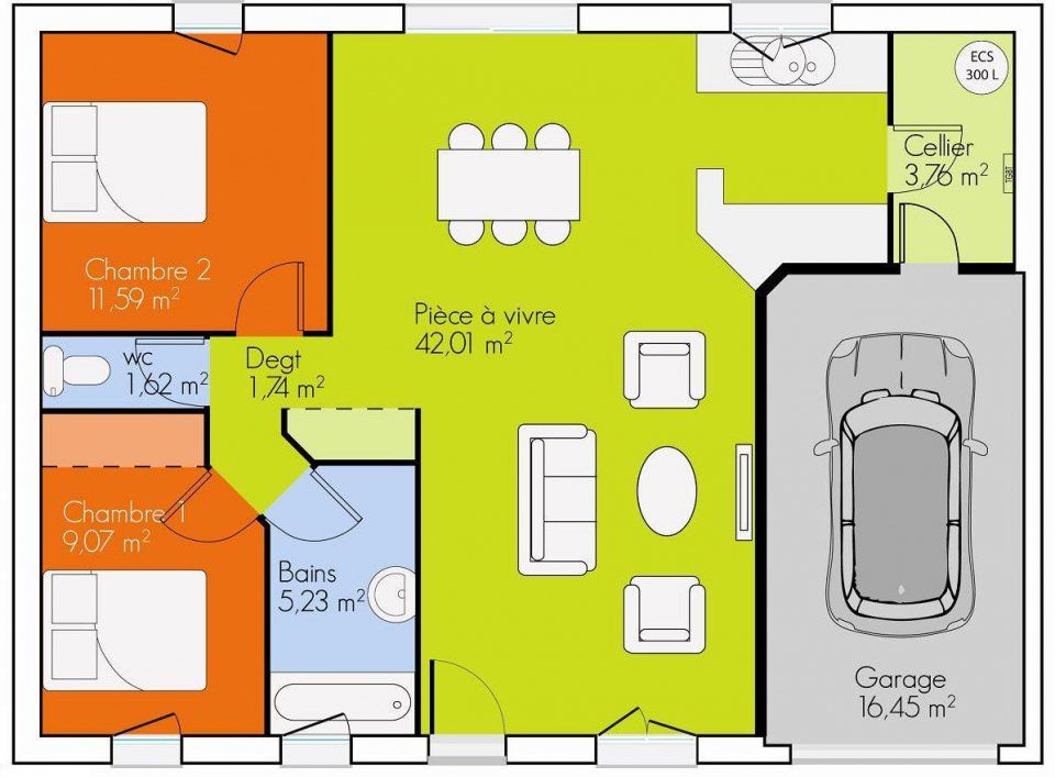Plan maison 2 chambres avec garage