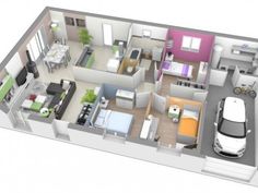 Plan de maison plain pied 3 chambres avec garage 3d