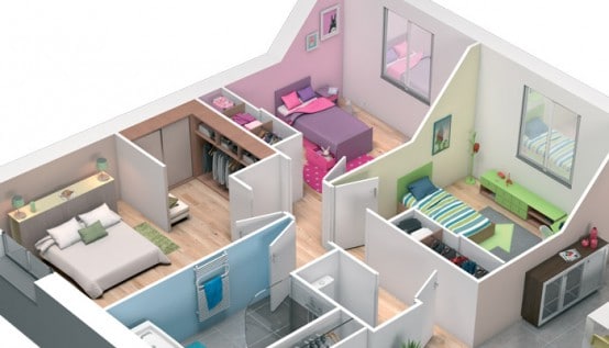 Plan de maison simple 3 chambres en 3d