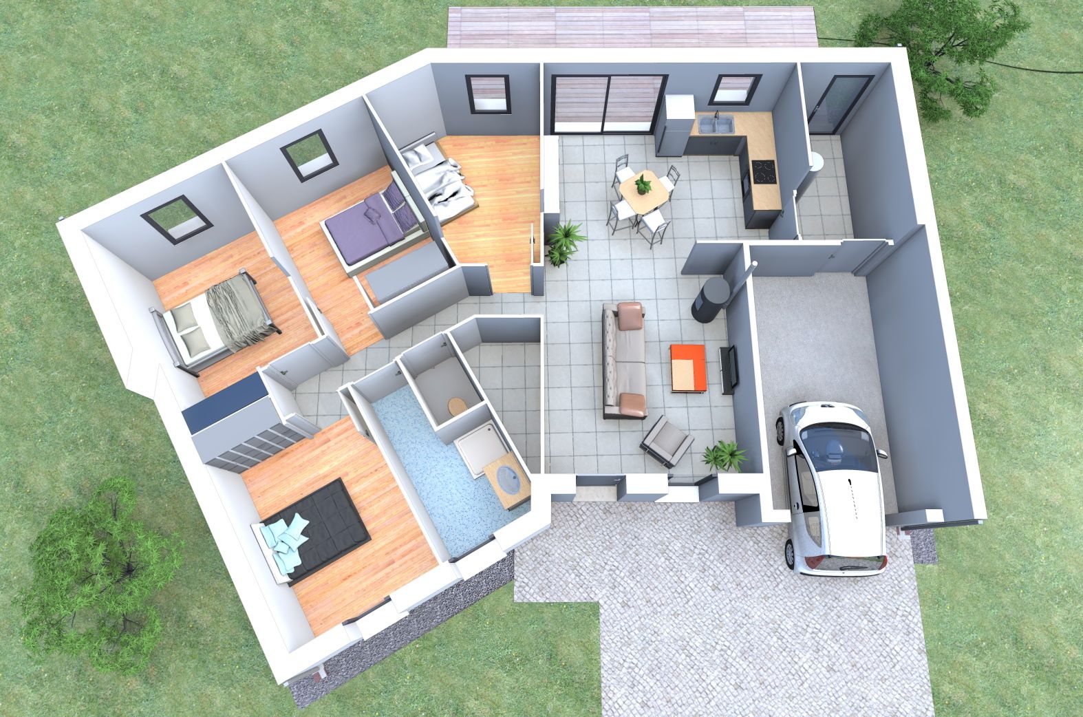 Plan de maison 4 chambres 3d