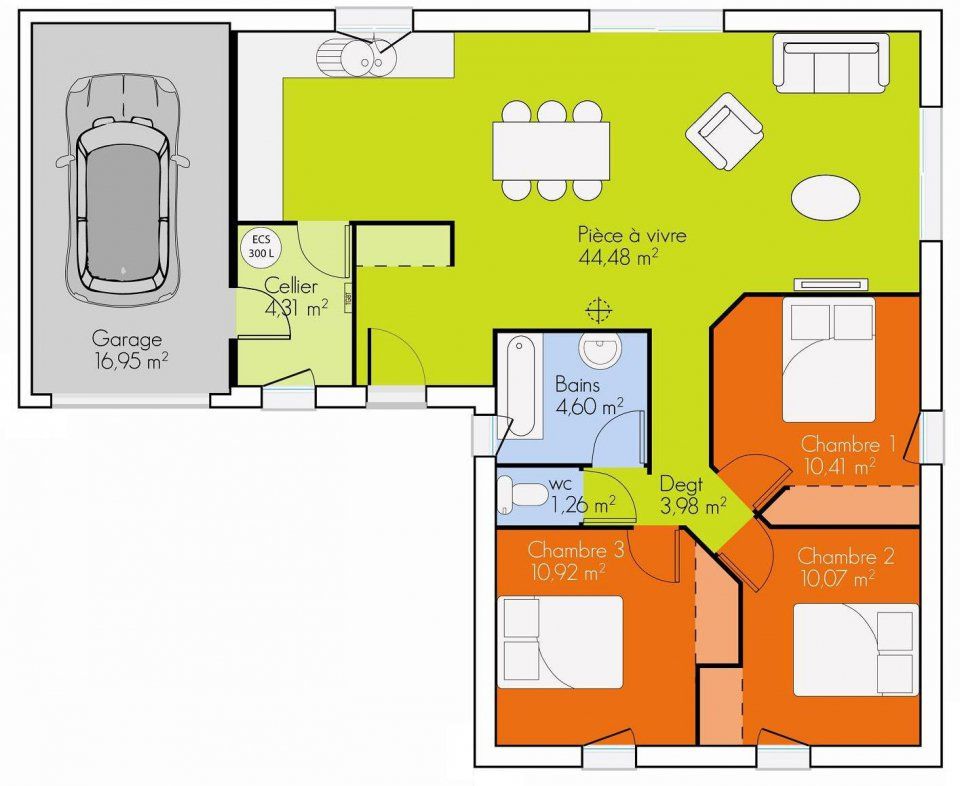 Plan maison plain pied 3 chambres 90m2