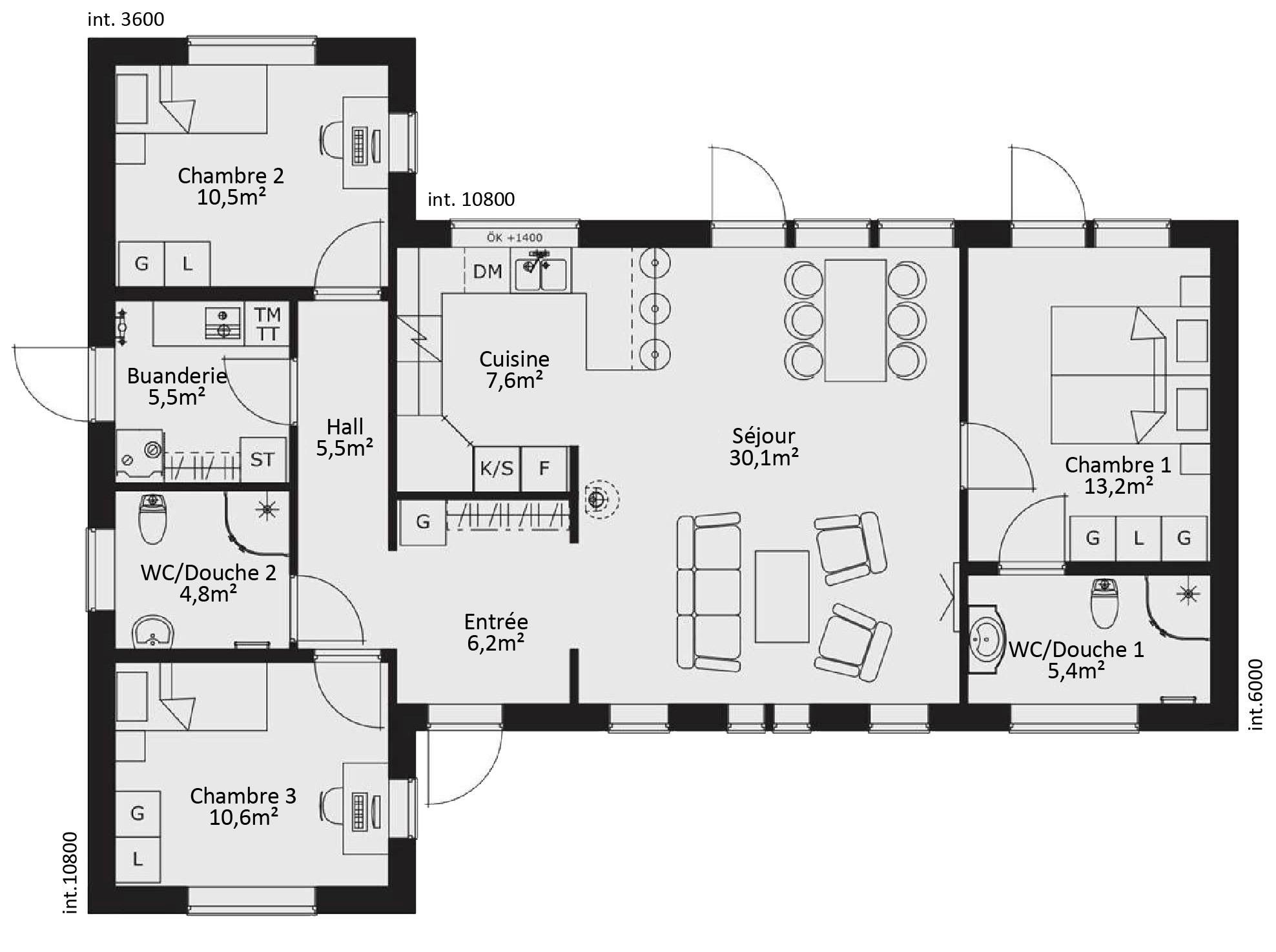 Plan de maison moderne plain pied 4 chambres