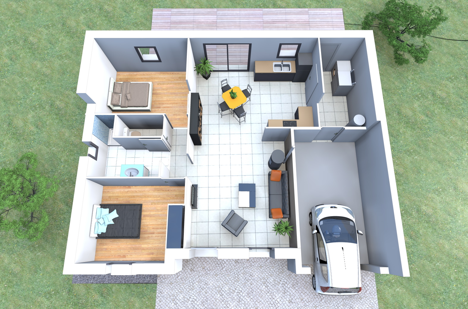 Plan de maison plain pied 2 chambres et garage