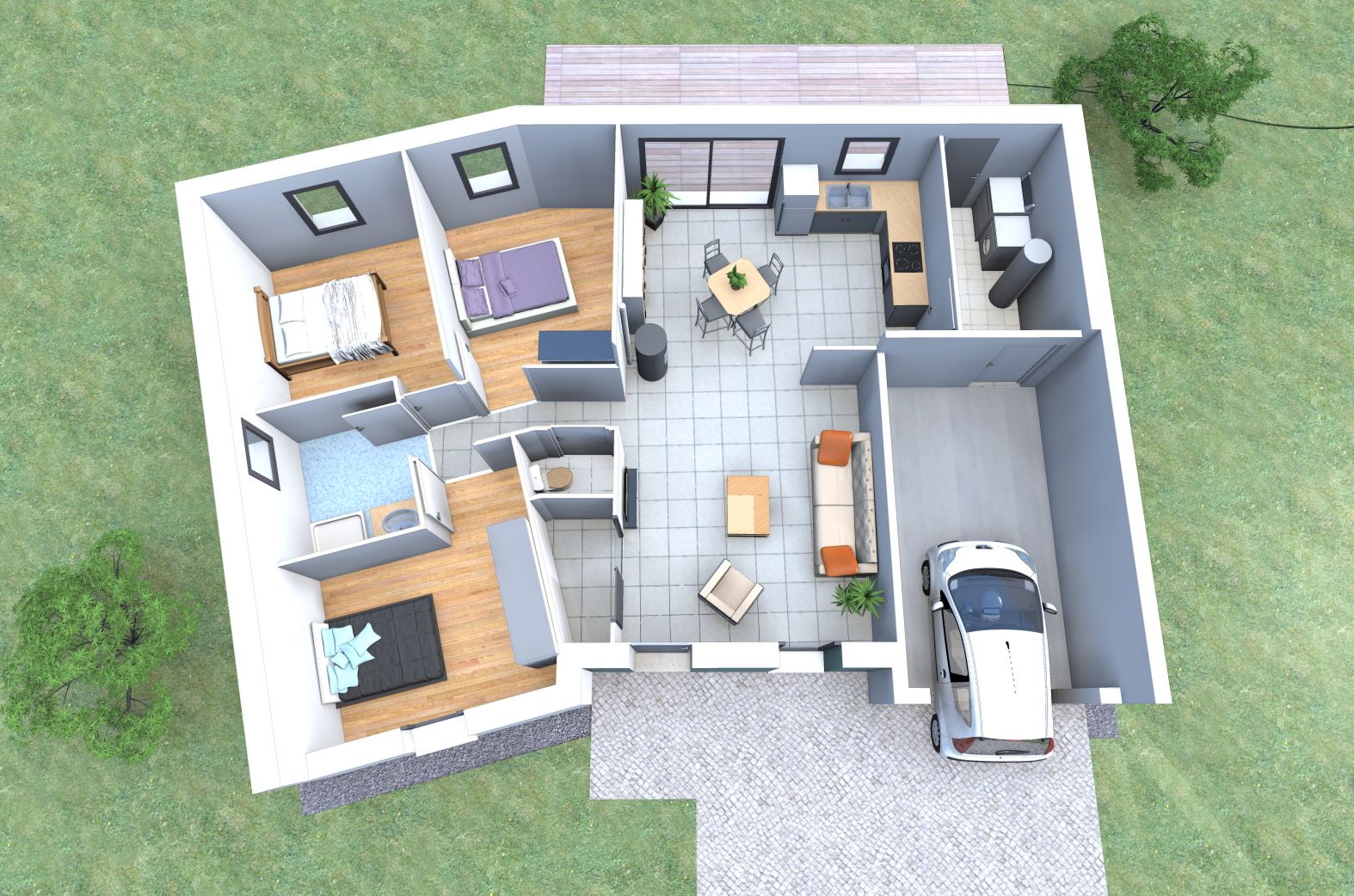 Plan maison plain pied 3 chambres 3d