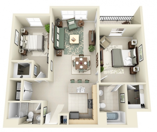 Plan maison simple 2 chambres 3d