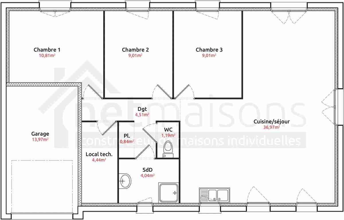 Plan de maison 100m2 3 chambres