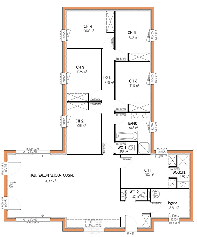 Plan de maison plain pied 5 chambres