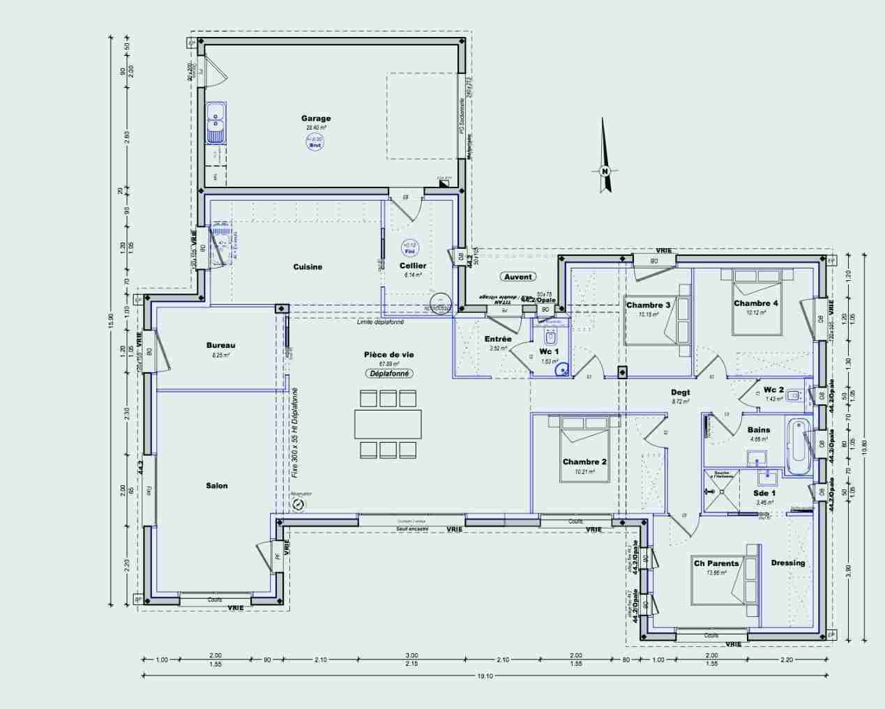 Plan maison plain pied 4 chambres 130 m2
