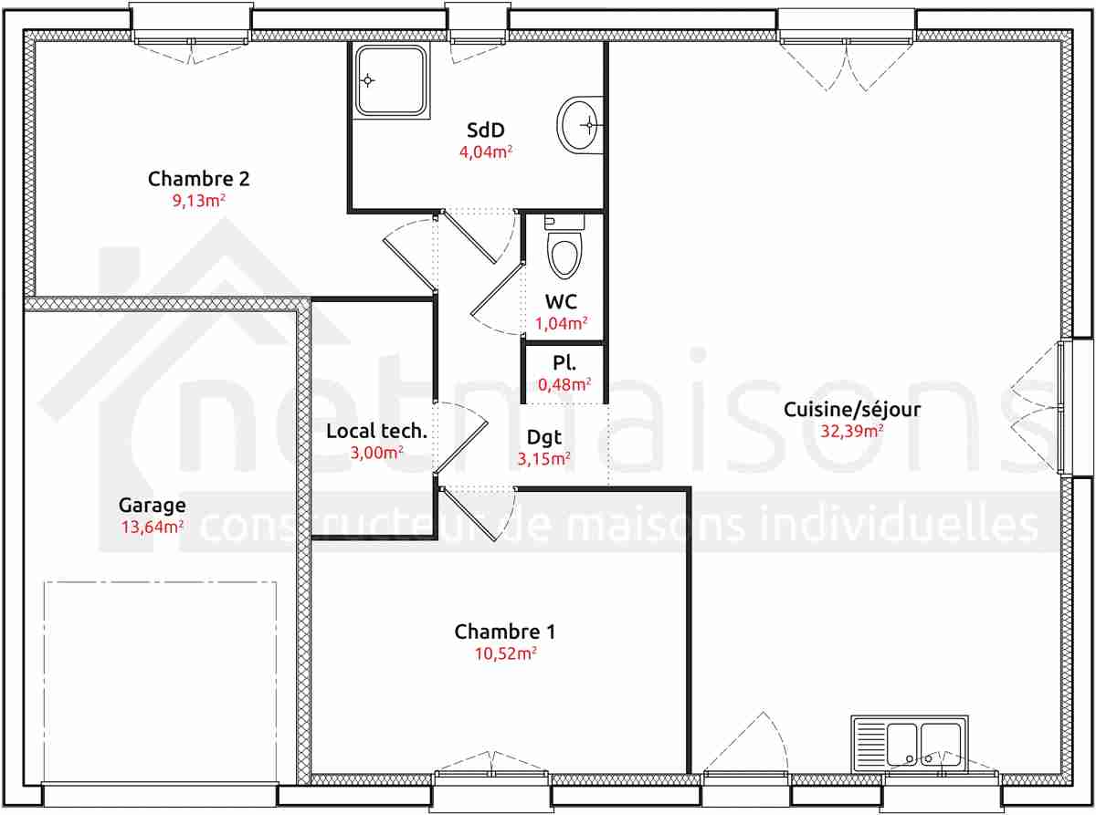 Plan de maison avec 2 chambres