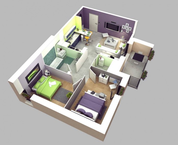 Plan appartement 3d 2 chambres