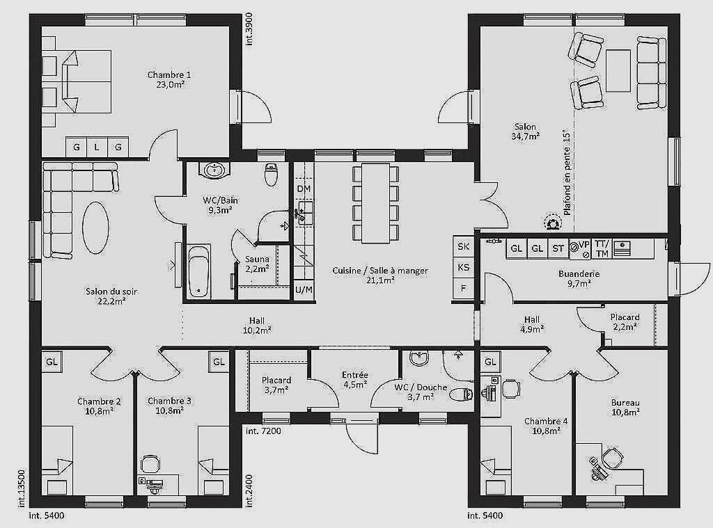 Plan Maison de Plain Pied 5 Chambres avec Bureau
