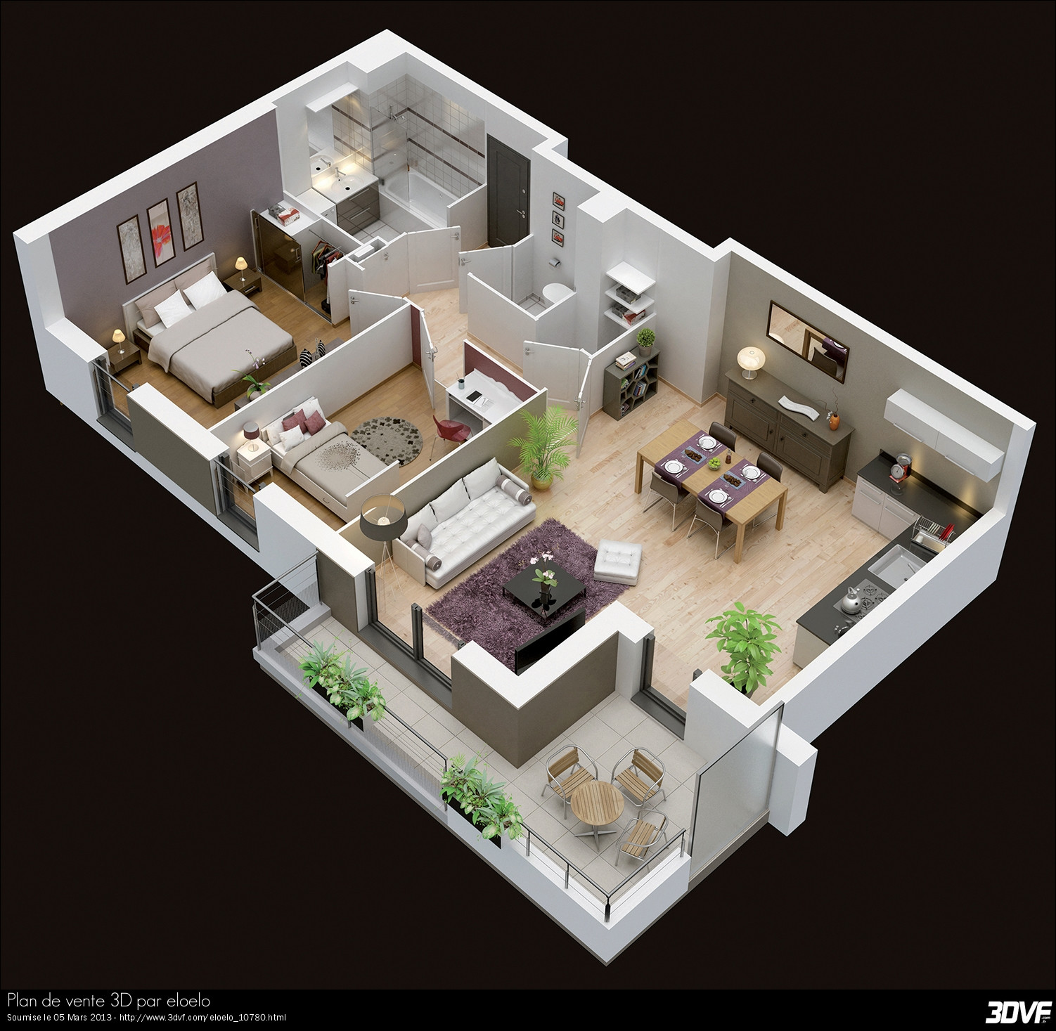 Plan de maison moderne 4 chambres 3d