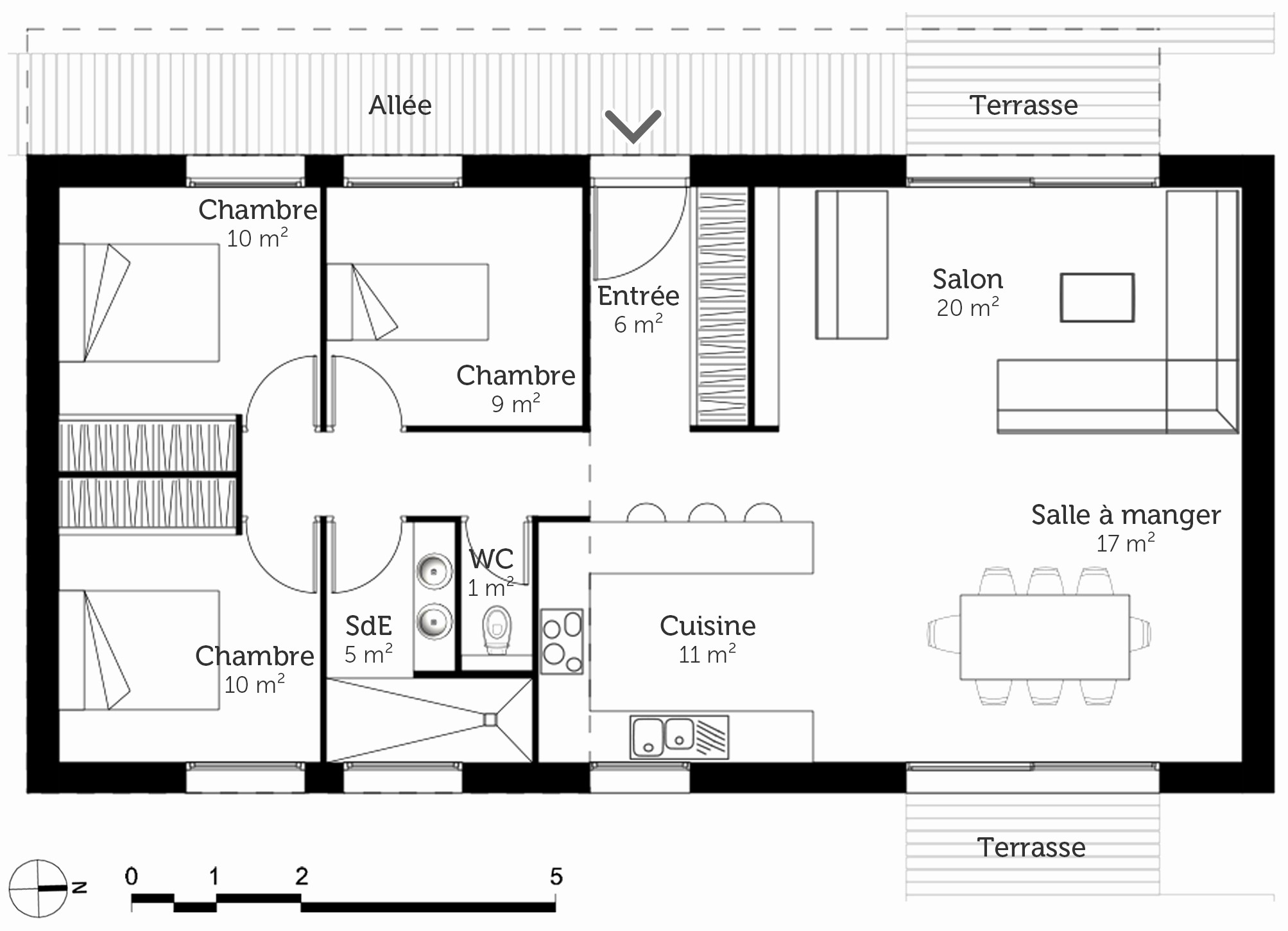 Plan maison plain pied en l 3 chambres