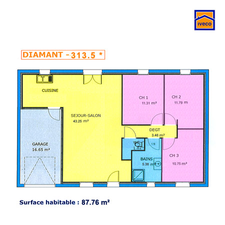 Plan de maison avec 3 chambres