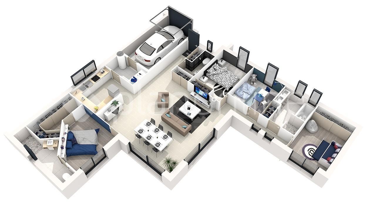 Plan de maison moderne 4 chambres 3d