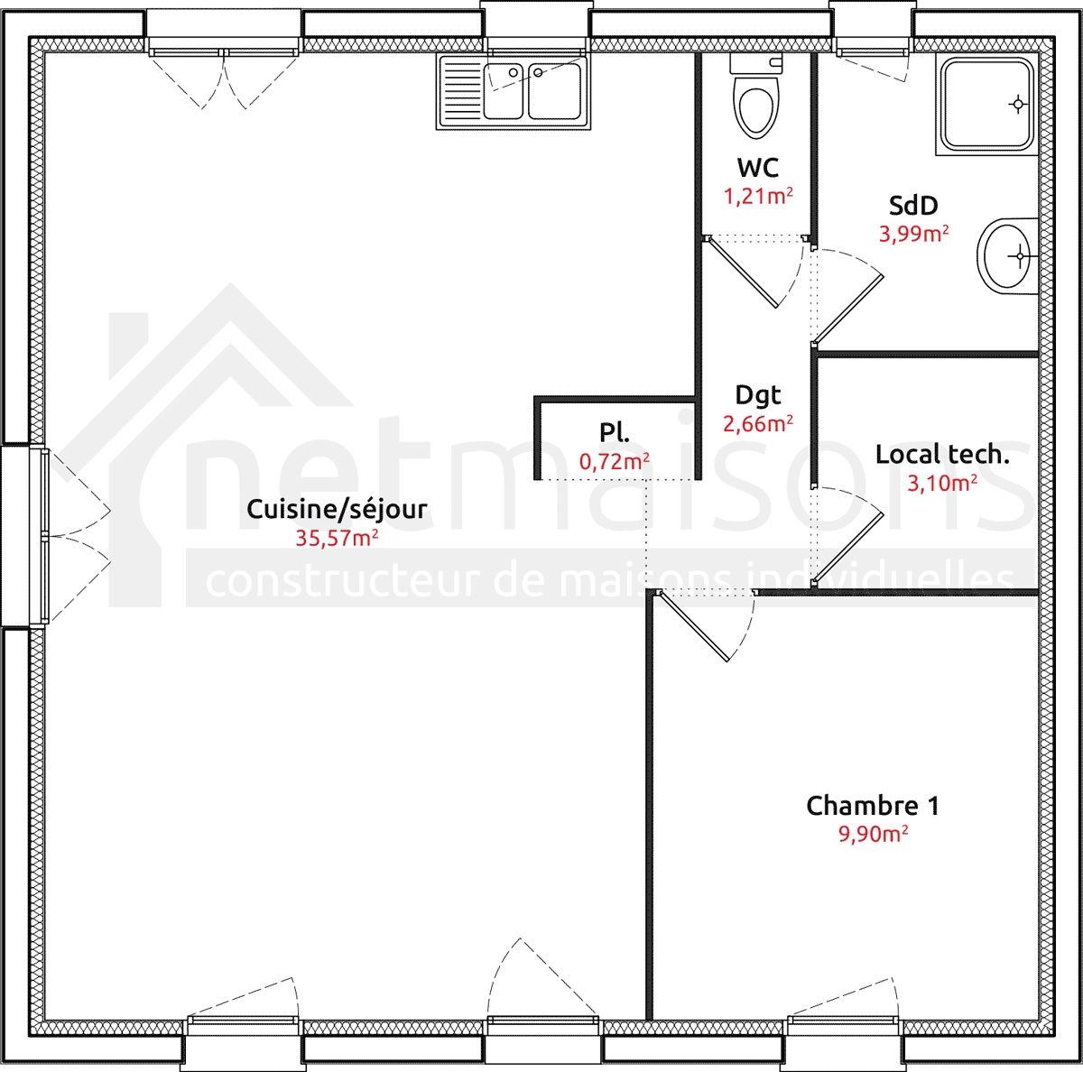 plan de maison 2 chambres sans garage