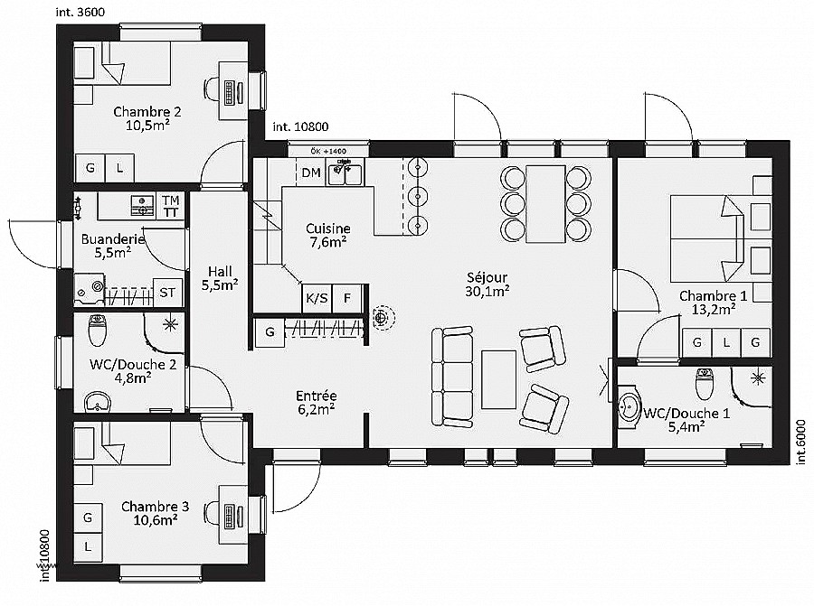 Plan maison plain pied 120m2 3 chambres