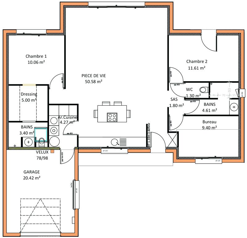 Plan de maison de plain pied avec 2 chambres