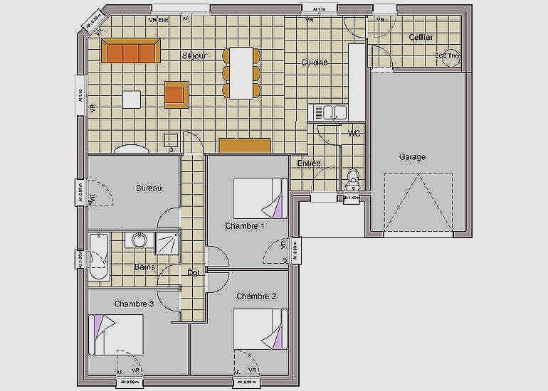 Plan maison 3 chambres et un bureau