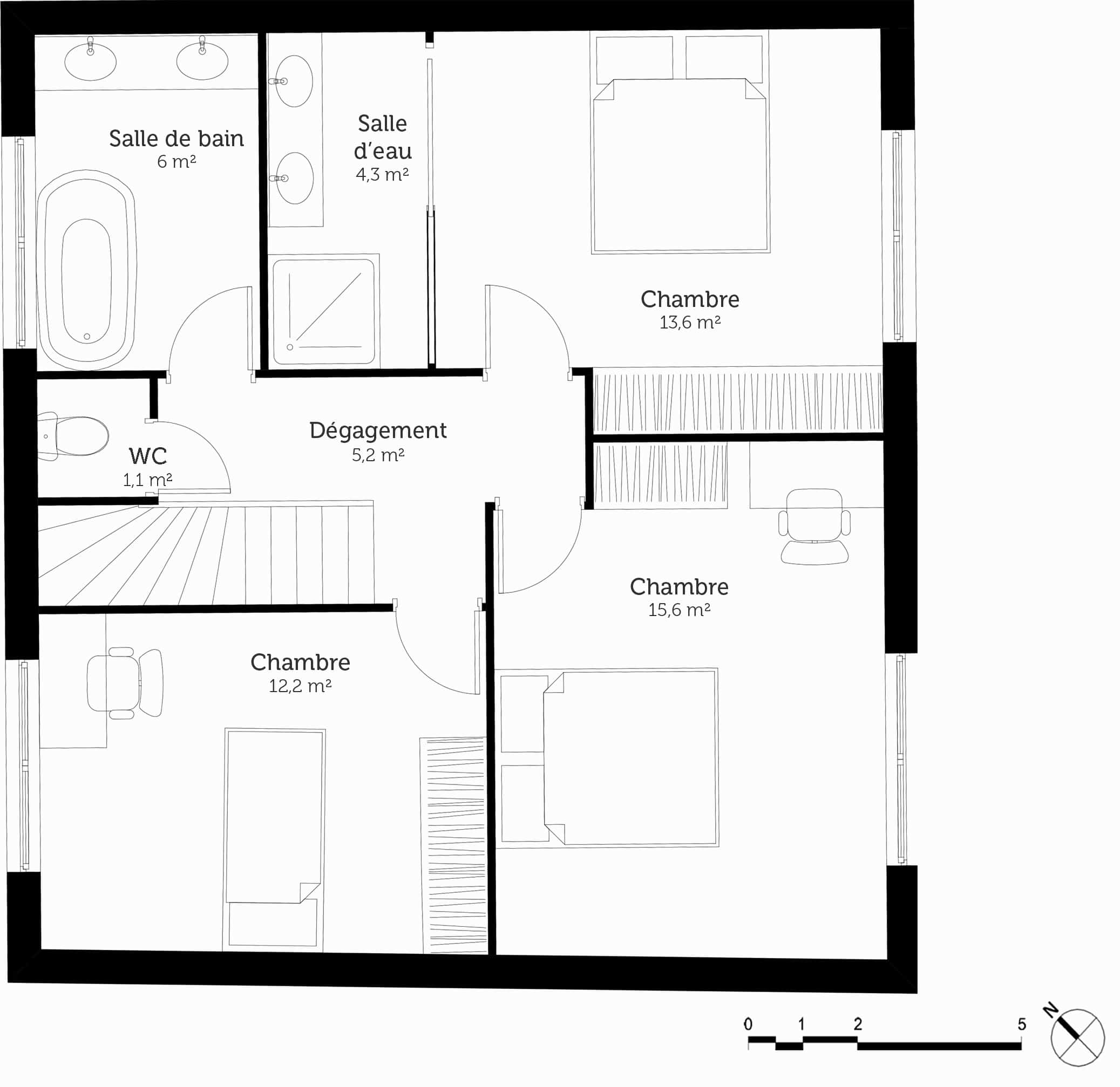 Plan maison en l 3 chambres