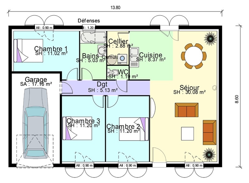 Plan de maison simple 3 chambres