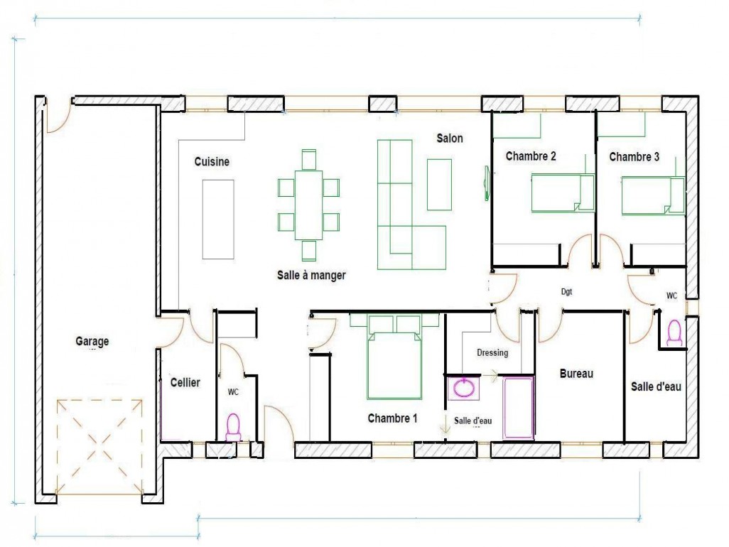Plan maison plain pied 4 chambres avec garage
