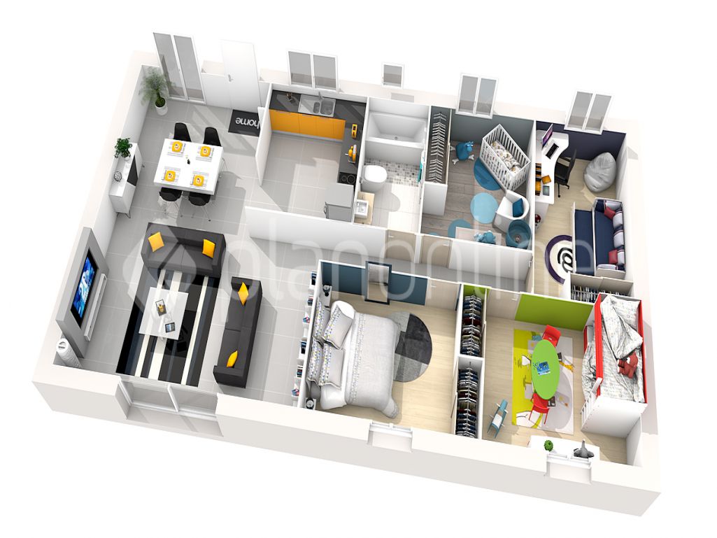 Plan maison simple 4 chambres 3d
