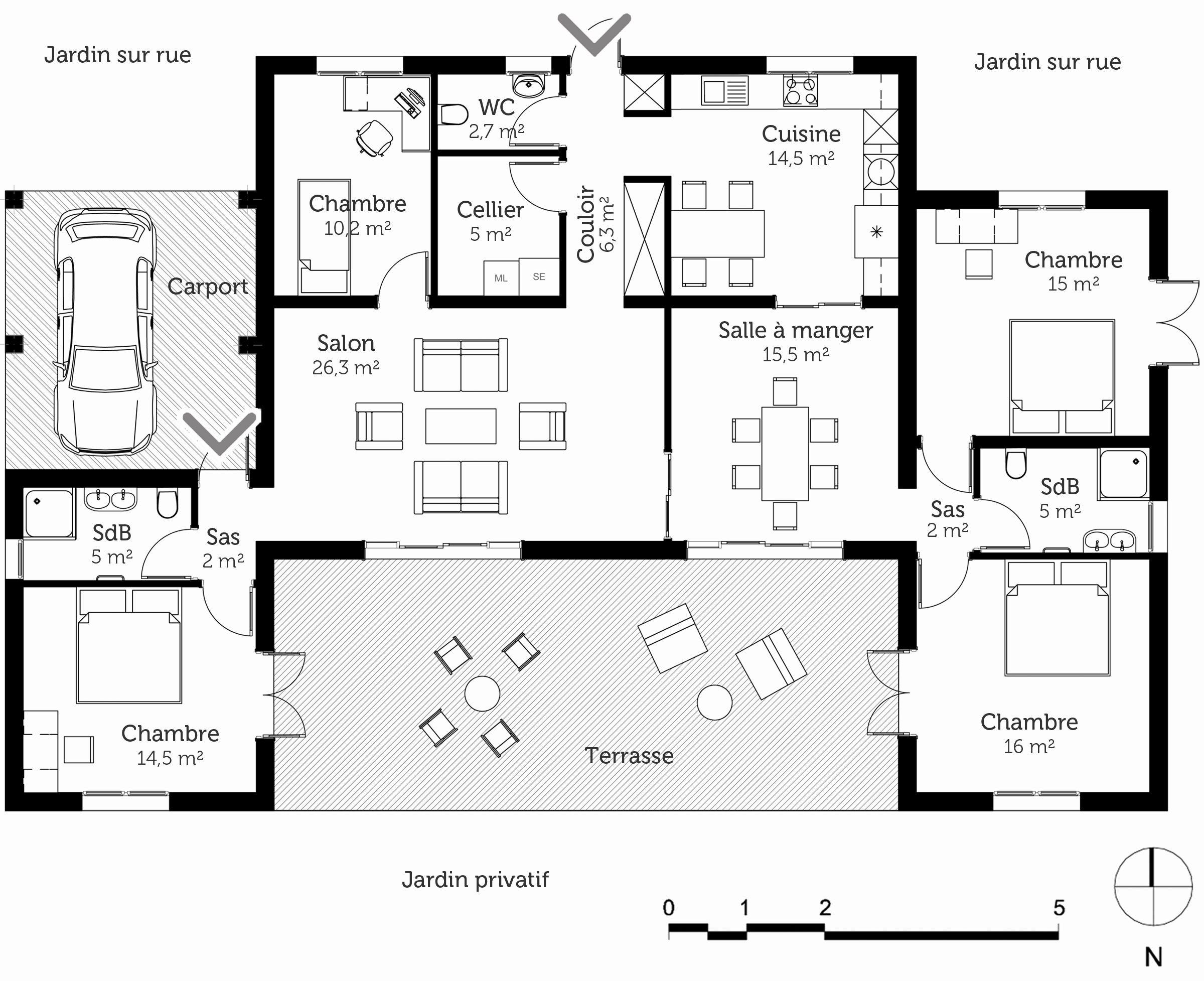 plan de maison avec 5 chambres