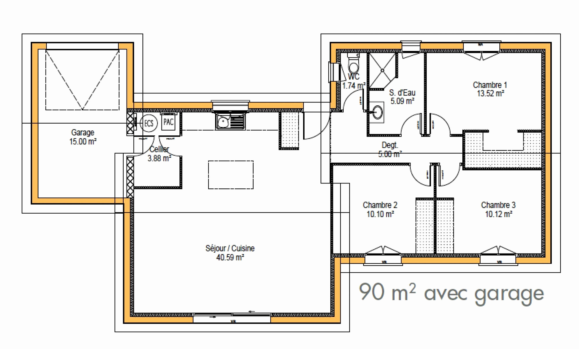 Plan maison 3 chambres 90m2