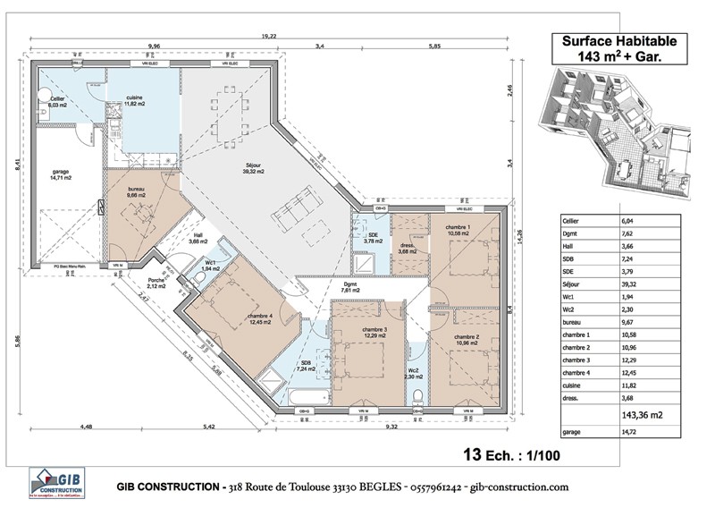 Plan de maison en v plain pied 4 chambres