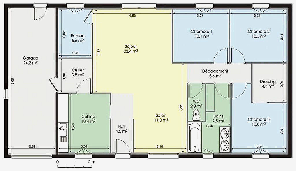Plan de maison plain pied 3 chambres 100m2
