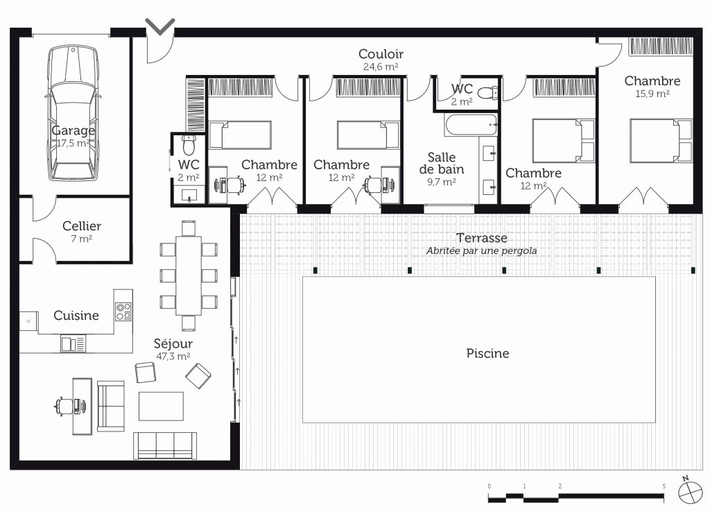 Plan maison plain pied 3 chambres 120m2