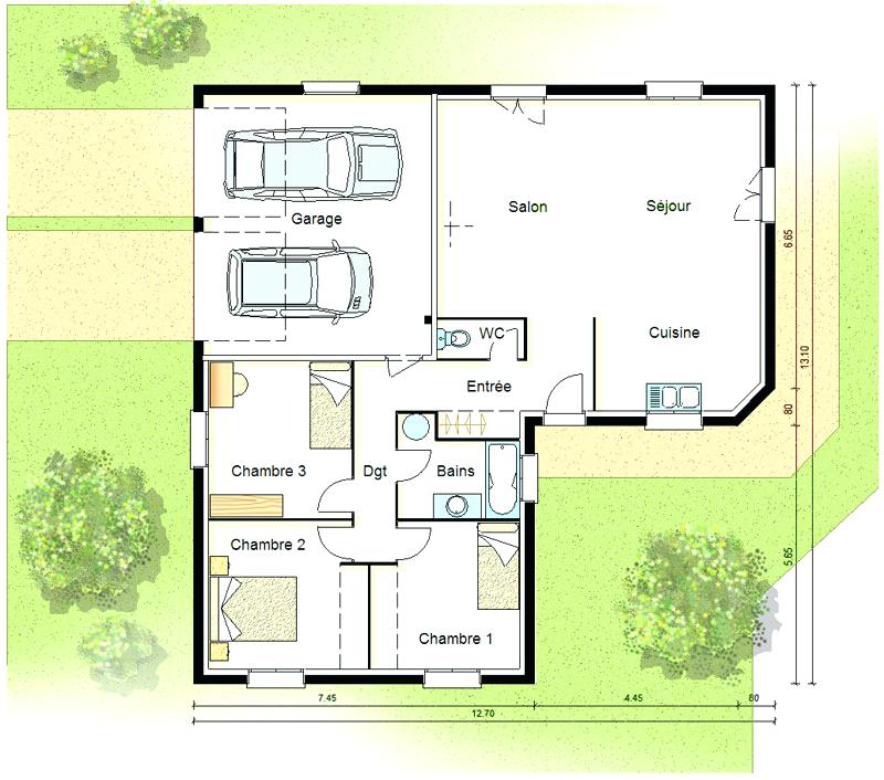 Plan maison plain pied 3 chambres avec suite parentale et garage