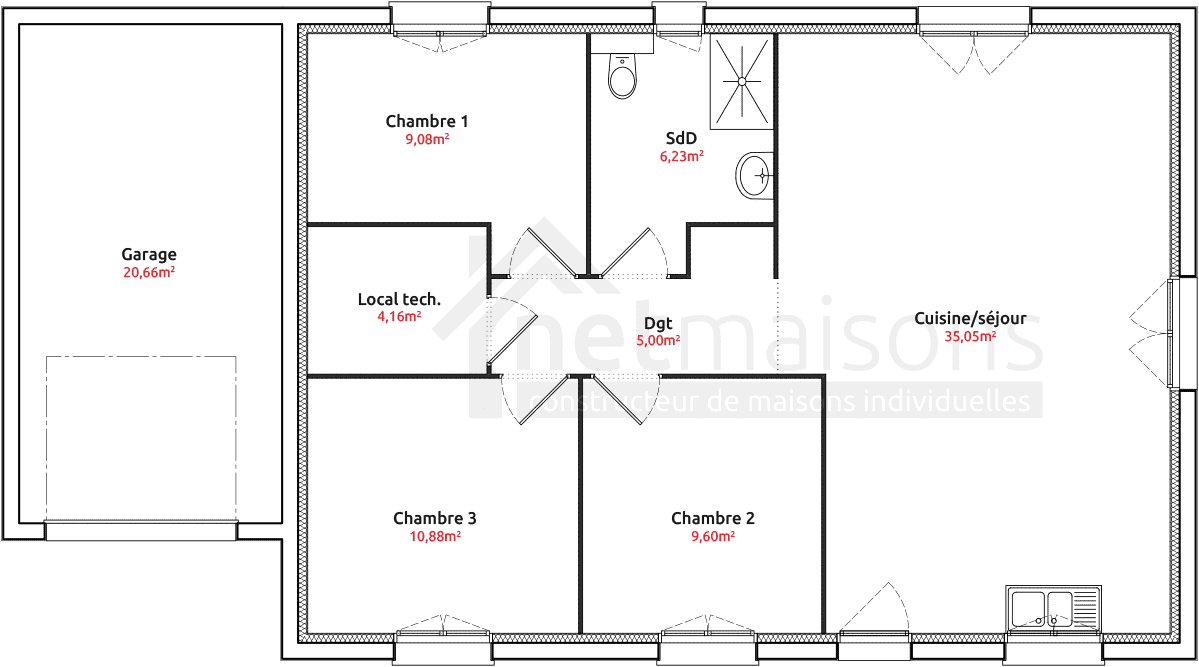 Plan de maison plain pied 3 chambres