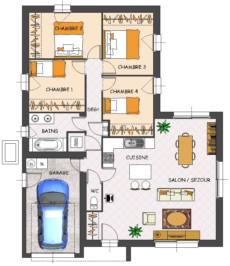 Plan de maison plain pied 3 chambres avec garage