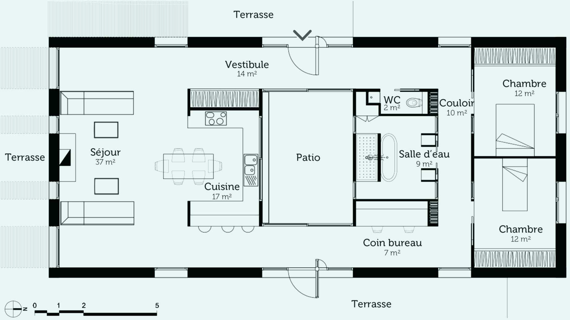 Plan maison rectangulaire 4 chambres