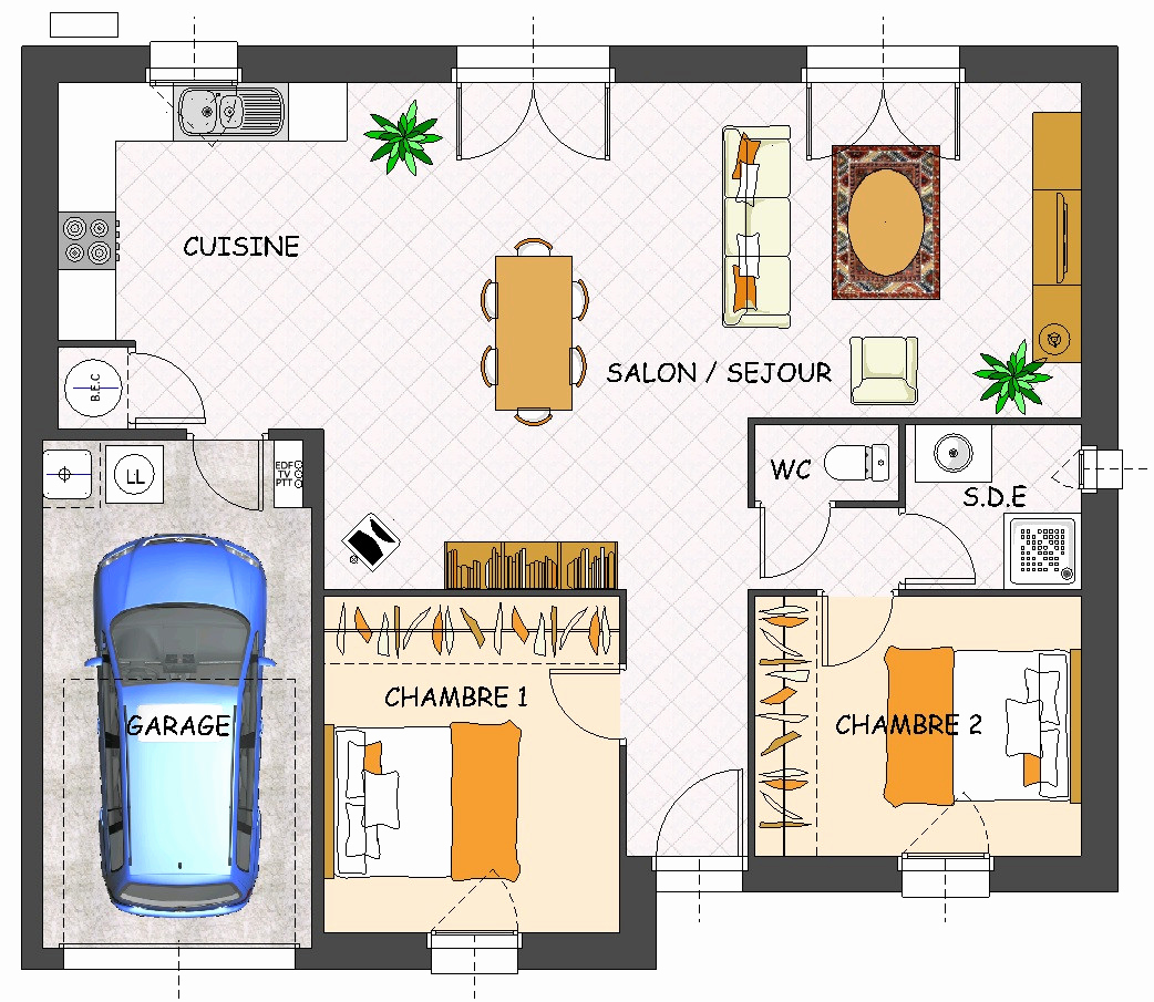 Plan maison 2 chambres