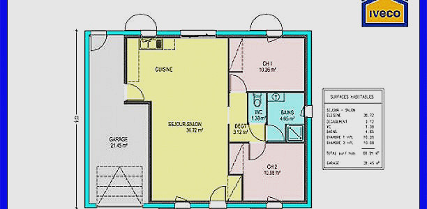 Plan maison plain pied 80m2 2 chambres