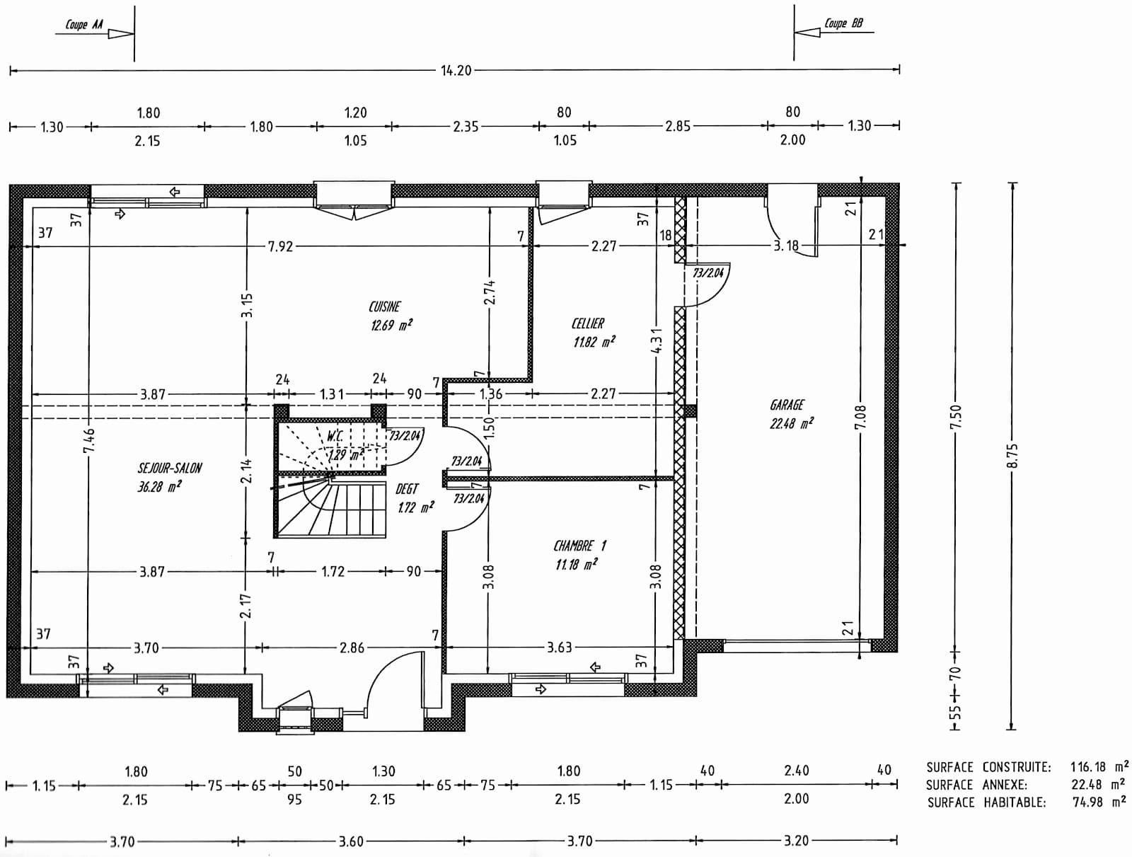 Plan de maison rectangulaire plain pied 3 chambres