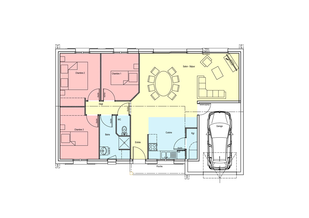 Plan de maison simple 3 chambres en 3d