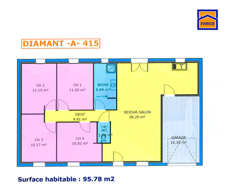 Plan de maison de plain pied avec 4 chambres